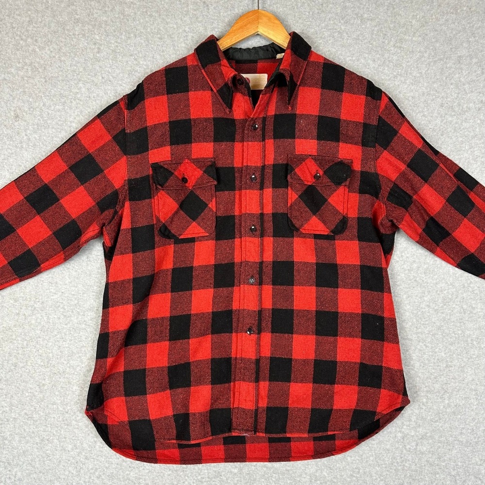Vtg 70s Sears Kings Road Buffalo Plaid Wool Shirt Jacket CPO Red Black XL - Picture 6 of 11